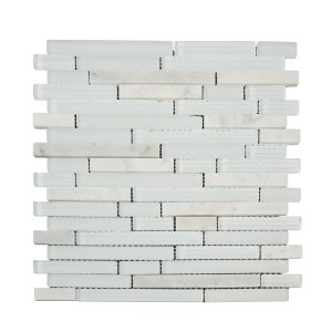 White marble brick linear mosaic tile pattern with mixed neutral tones and veining