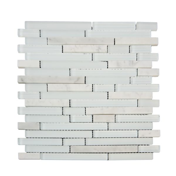 White marble brick linear mosaic tile pattern with mixed neutral tones and veining
