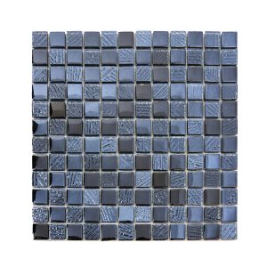 Blue and gray mixed finish square mosaic tile sheet with textured and smooth surfaces in alternating pattern
