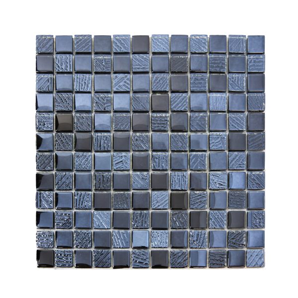 Blue and gray mixed finish square mosaic tile sheet with textured and smooth surfaces in alternating pattern
