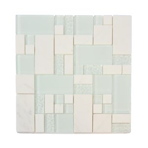 White and light green glass mosaic tile sheet in random mixed size brick and subway pattern layout
