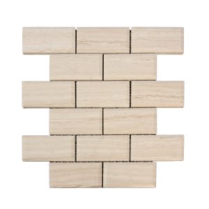 Beige travertine subway tile brick pattern with natural wood grain texture