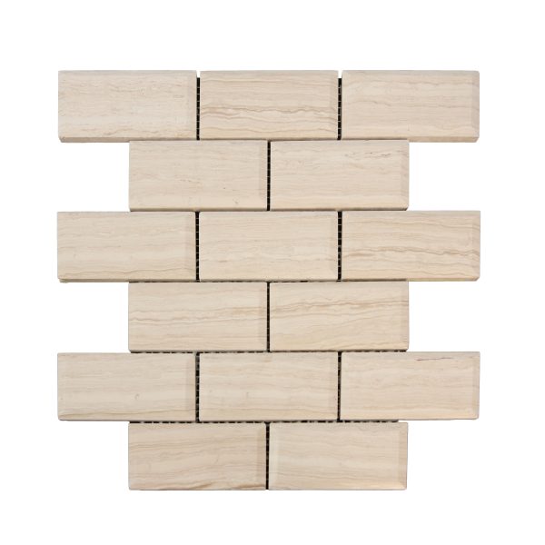 Beige travertine subway tile brick pattern with natural wood grain texture