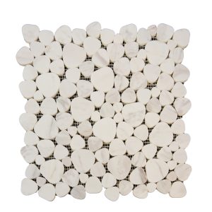 White marble pebble mosaic tile with rounded coin-shaped pieces on mesh backing