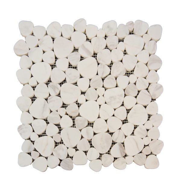 White marble pebble mosaic tile with rounded coin-shaped pieces on mesh backing