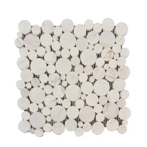 White marble penny round mosaic tile with mixed size circular pieces on mesh backing