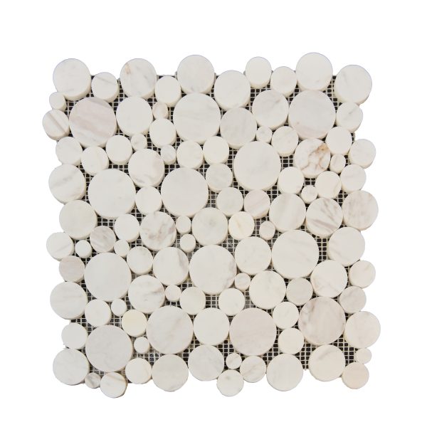 White marble penny round mosaic tile with mixed size circular pieces on mesh backing