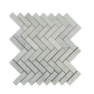 White marble chevron mosaic tile pattern with rectangular tiles arranged in a herringbone design