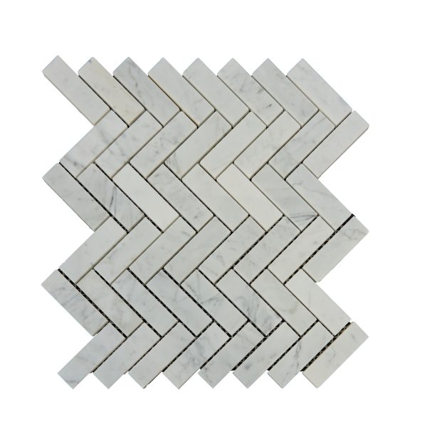 White marble chevron mosaic tile pattern with rectangular tiles arranged in a herringbone design