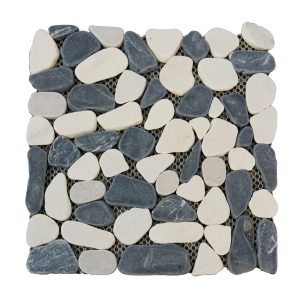 Mixed color pebble mosaic tile with gray and white rounded stones on mesh backing