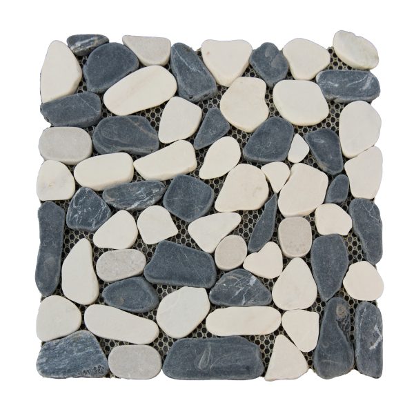 Mixed color pebble mosaic tile with gray and white rounded stones on mesh backing