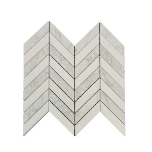 Carrara marble chevron arrow pattern tiles arranged in a diagonal herringbone layout