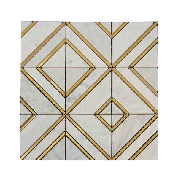 White marble tile with gold brass inlay in geometric diamond and chevron pattern