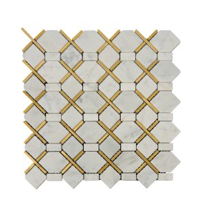Marble mosaic tile with hexagonal and octagonal shapes separated by gold brass strips