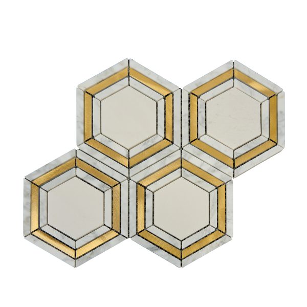 Hexagonal marble tile with gold metallic accent border in a geometric pattern