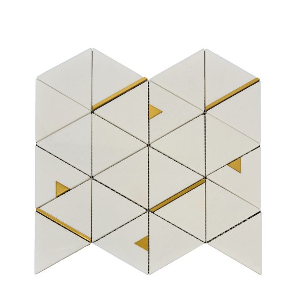 3D isometric marble tiles with gold brass accents and triangular inlays in chevron design