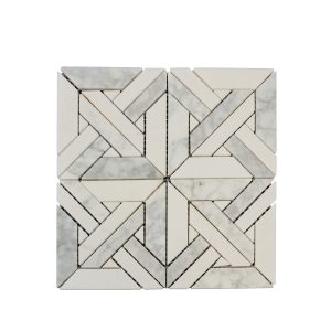 White and gray marble tiles arranged in herringbone pattern with thin grout lines