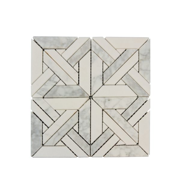 White and gray marble tiles arranged in herringbone pattern with thin grout lines