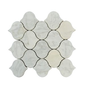 White marble quatrefoil flower pattern mosaic tile with curved petal shapes