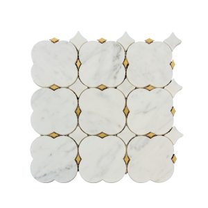 White marble quatrefoil mosaic tile pattern with gold brass accents arranged in a 3x4 grid