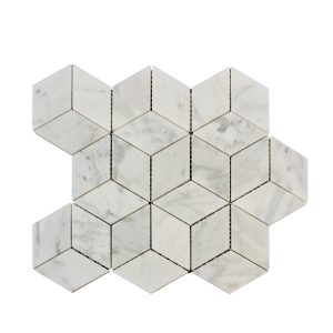White Carrara marble 3D cube hexagon mosaic tile pattern with geometric design