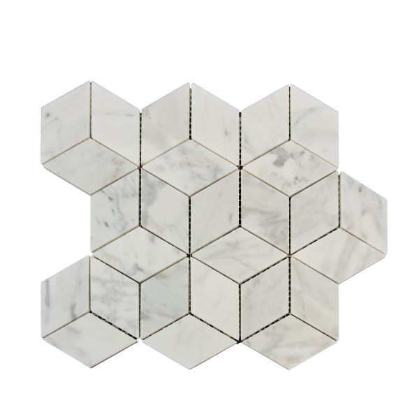 White Carrara marble 3D cube hexagon mosaic tile pattern with geometric design