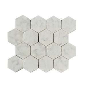 White marble hexagonal mosaic tiles with dark grout lines in compact honeycomb layout