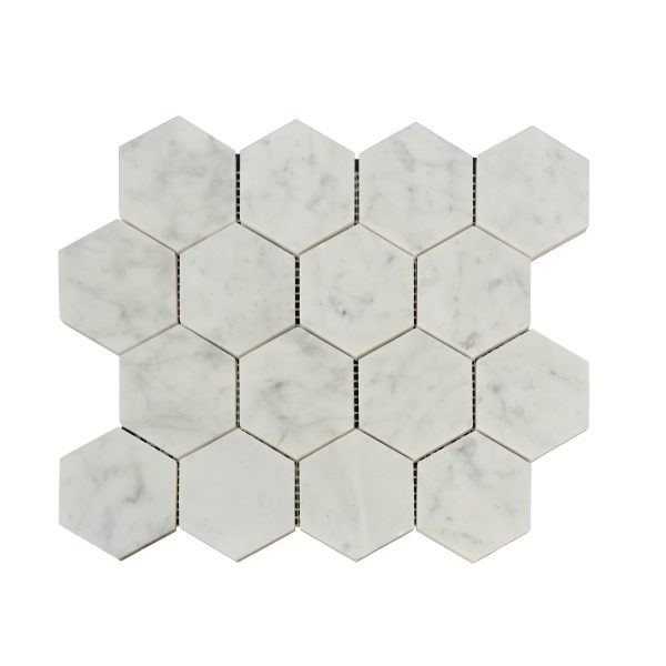 White marble hexagonal mosaic tiles with dark grout lines in compact honeycomb layout
