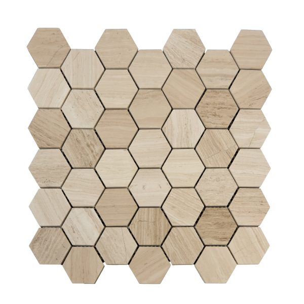 Natural wood grain hexagonal mosaic tile pattern in light tan and beige tones