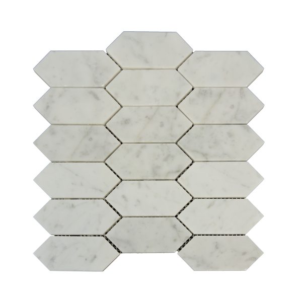 White marble elongated hexagon tile mosaic in offset pattern