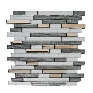 Linear stacked stone tile pattern featuring alternating strips of dark gray, white, and beige in a brick-like arrangement