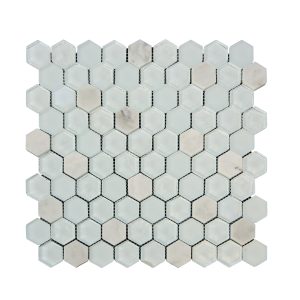 White marble small hexagonal tile mosaic sheet in mixed offset pattern