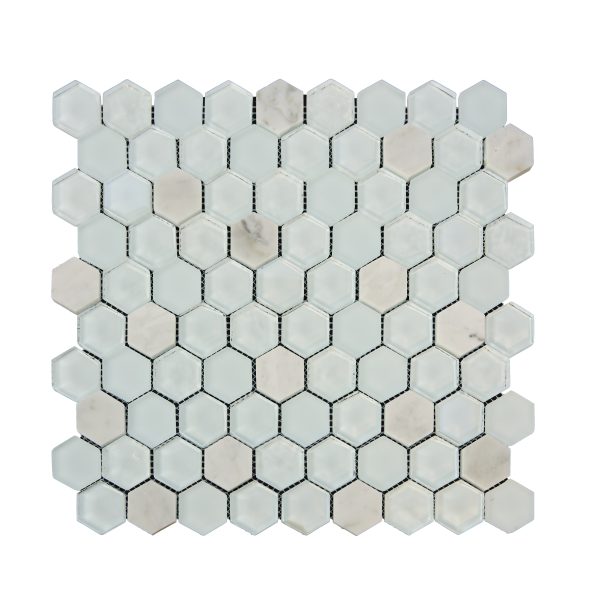 White marble small hexagonal tile mosaic sheet in mixed offset pattern