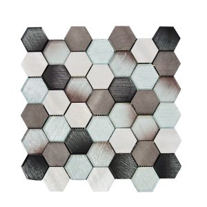 Hexagonal mosaic tile pattern in mixed colors including black, white, gray, and light blue with brushed metallic finishes