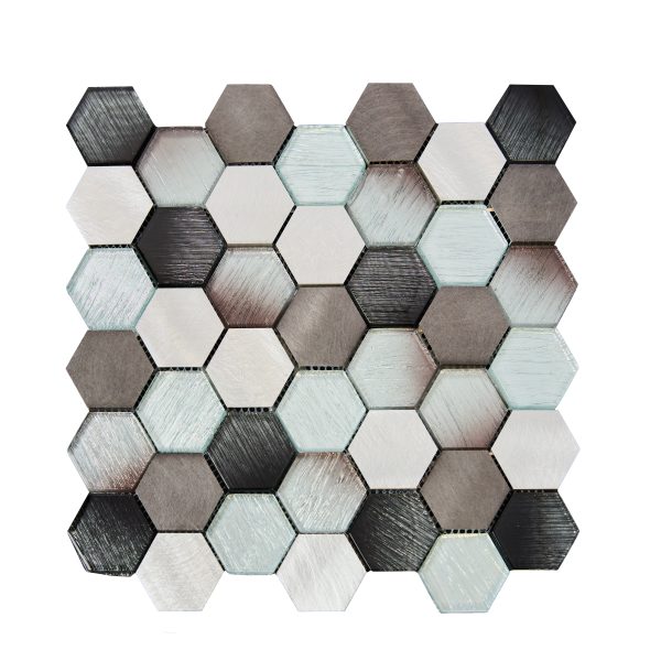 Hexagonal mosaic tile pattern in mixed colors including black, white, gray, and light blue with brushed metallic finishes