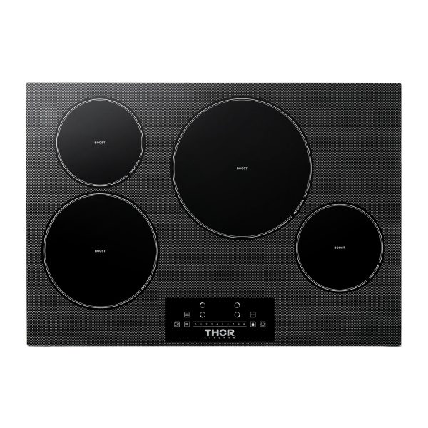Thor black induction cooktop with four circular cooking zones and digital control panel