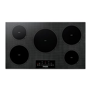 Thor black induction cooktop with five circular cooking zones and control panel at bottom