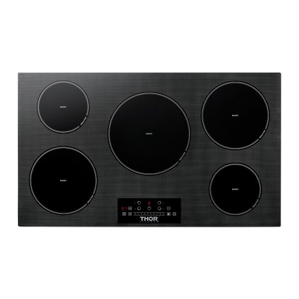 Thor black induction cooktop with five circular cooking zones and control panel at bottom
