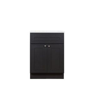 Black bathroom vanity cabinet with single drawer and two-door storage with chrome square handles