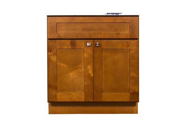 VA3021-M31 Wooden bathroom vanity cabinet with two doors and chrome handles in medium brown finish