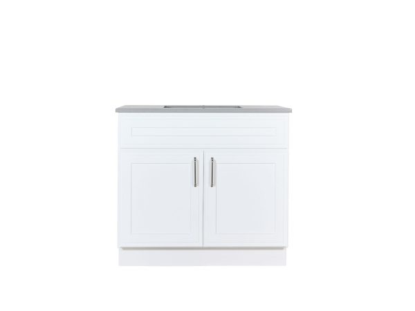 VA3621-M30 White bathroom vanity cabinet with gray countertop and two cabinet doors with silver handles, no drawers
