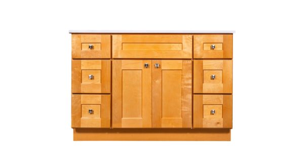 VA4821-M94 Wide wooden bathroom vanity with dual sink configuration, multiple drawers and cabinet doors with chrome hardware in light oak finish