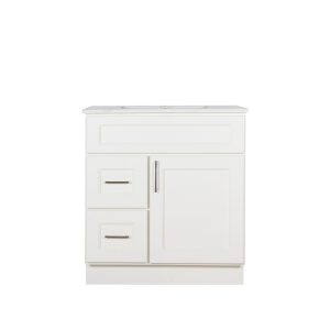 White bathroom vanity cabinet with marble countertop, left-side drawers, and right-side cabinet door with metal handles