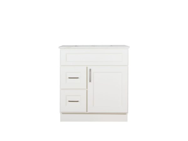 VAD3021L-M21 White bathroom vanity cabinet with marble countertop, left-side drawers, and right-side cabinet door with metal handles