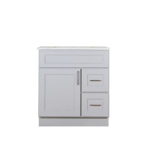 Light gray bathroom vanity cabinet with countertop, one large cabinet door, and two right-side drawers with metal handles