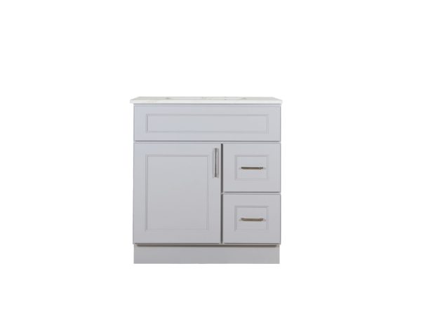 VAD3021R-M22 Light gray bathroom vanity cabinet with countertop, one large cabinet door, and two right-side drawers with metal handles
