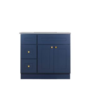 Navy blue bathroom vanity cabinet with gray countertop, featuring two drawers and two cabinet doors with gold square handles