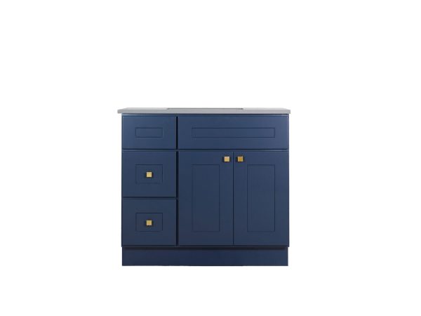 VAD3621L-M92 Navy blue bathroom vanity cabinet with gray countertop, featuring two drawers and two cabinet doors with gold square handles