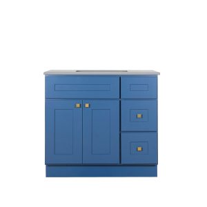 Blue bathroom vanity cabinet with gray countertop, double cabinet doors, and two drawers on right side with gold square handles