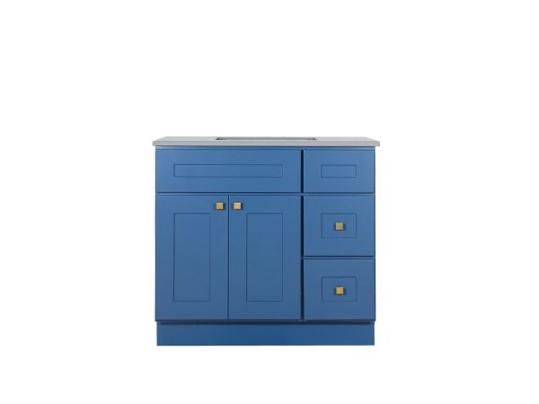 VAD3621R-M93 Blue bathroom vanity cabinet with gray countertop, double cabinet doors, and two drawers on right side with gold square handles